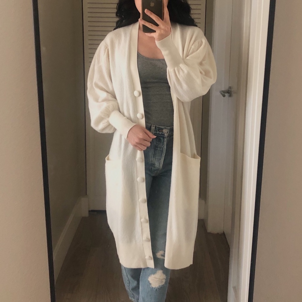ULLA JOHNSON Puff Sleeve WOOL Long Cardigan Cream XS